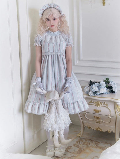 Leichtes Baumwollkleid mit Ärmeln und Taille, süßes Lolita-Kleid mit hohem Puffärmeln in Blau