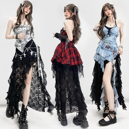 スリット入りビタースイートアシンメトリーグラマラススカート サイハイ ブラックヘムレース