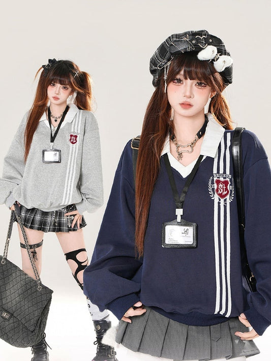 Gray/Navy Classic Polo Collegiate with Crest Sweatshirt Embroidered Blue