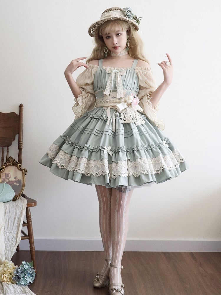 Light Jumper Skirt Ruffle Green Summer Trim Pleated and Lolita