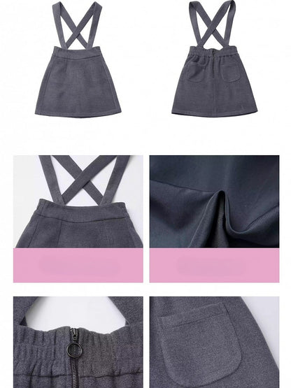 Dark Grey Detachable Shoulder Straps Overall Woolen Short Skirt