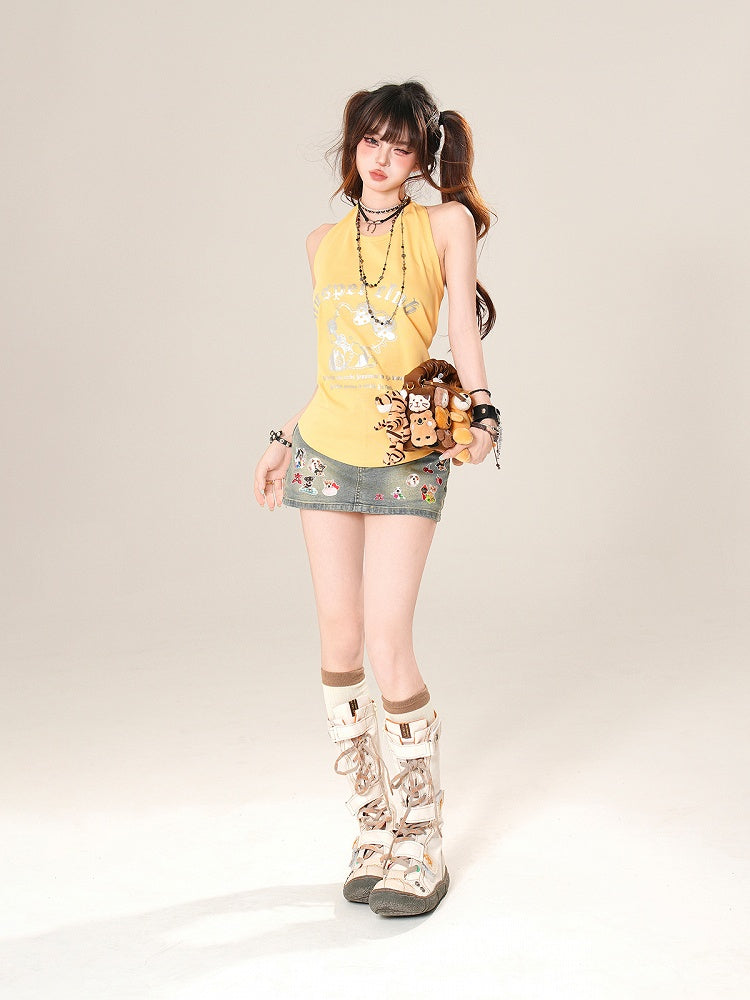 Jeansrock Bodycon Mini Adorable Puppy Print Blau