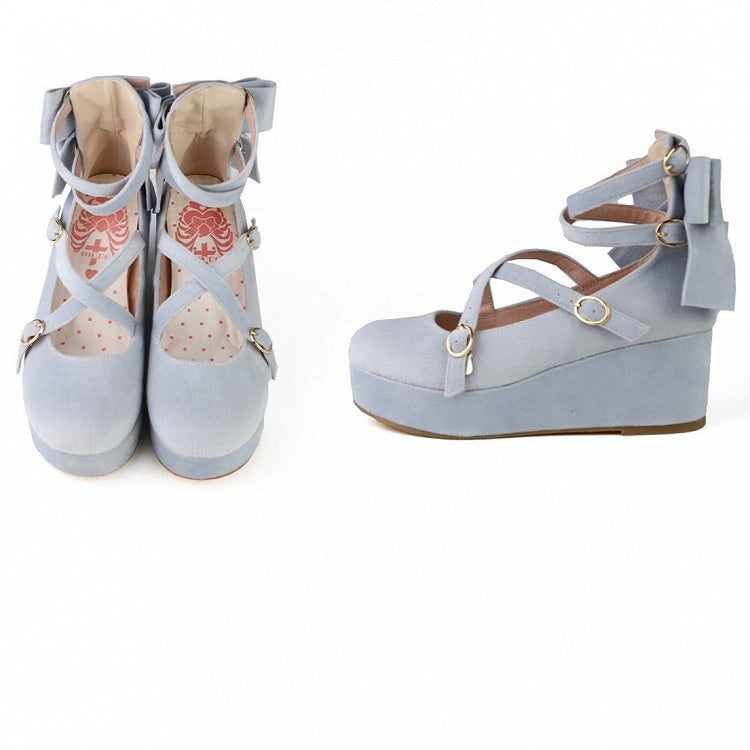 Plateauschuhe im PU-Design mit süßem Akzent – ​​Blauer Keilabsatz, überkreuzte Lolita-Schleife