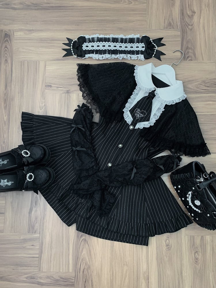 Striped Dress with Lace Cape and Shorts Set - Ekomi