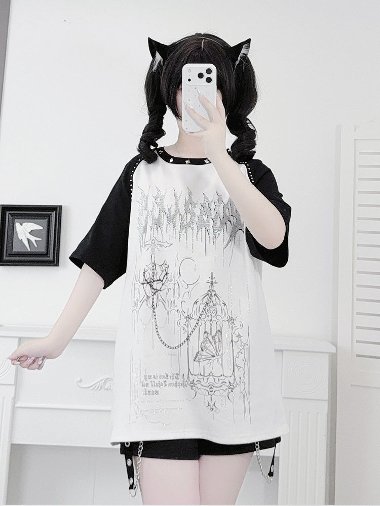 White Landmine Style Raglan Short Sleeve Tee with Hot-Fix Rhinestone & Graphic Accents - Puzzles