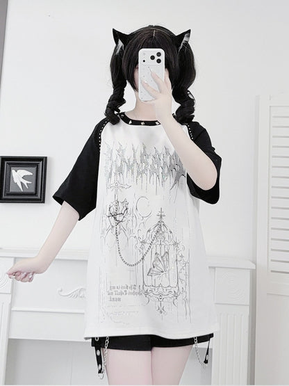 White Landmine Style Raglan Short Sleeve Tee with Hot-Fix Rhinestone & Graphic Accents - Puzzles