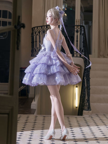 Purple Rhinestone Balletcore Lolita Silver Star Shimmer Dress - Nikki Tomorrow