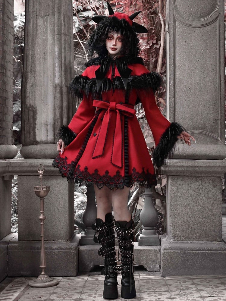 クリスマス新作 取り外し可能なケープ付きレッドウールコート