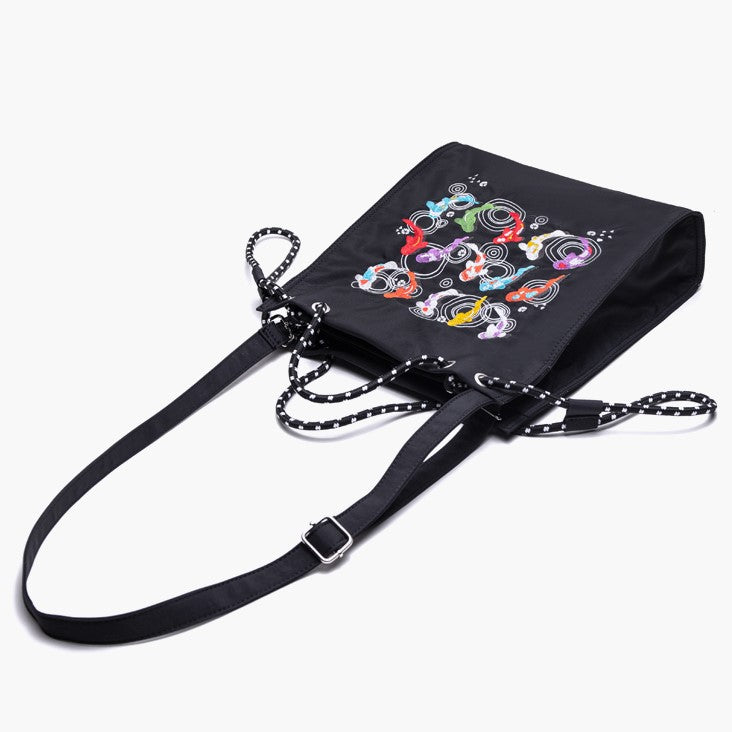 Trendy Koi Black Tote Bag With Zipper Closure And Drawstring Strap Lucky Embroidery