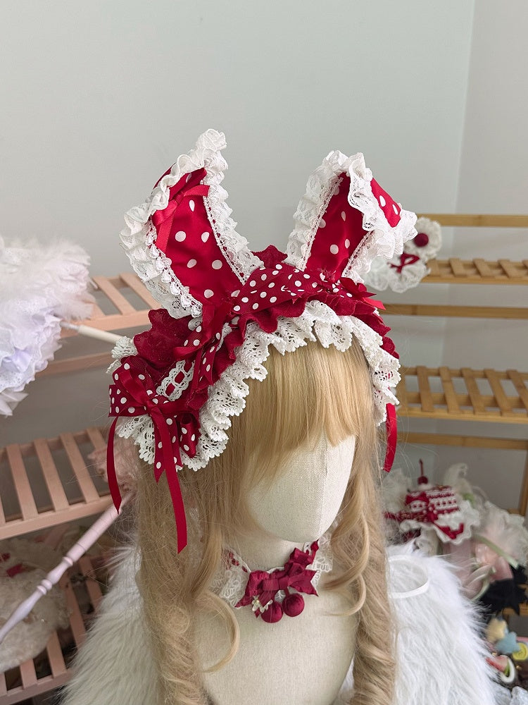 Lace Bunny Hairband Bow Trim Polka-dot Red Ear