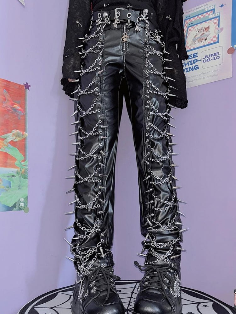 Black PU Decorated Studs Trousers Punk Chain Cross And