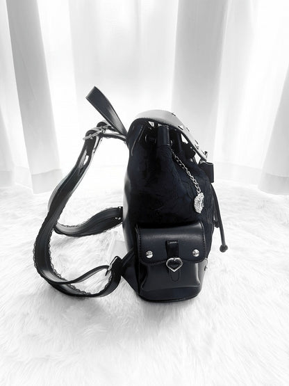 Jirai Kei Backpack with Heart Pendant, Lace Flap, Studs & Bowknot - Miao Lei Dian Bo