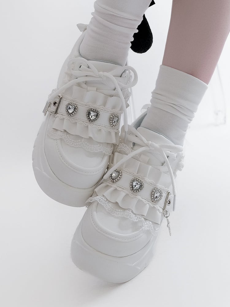 Lacing Crystal Kei Heart Back Jirai Shoes - Platform White