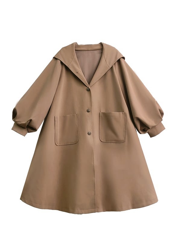 Khakifarbener Mantel mit Ballonärmeln und langer Kapuze im Preppy-Stil