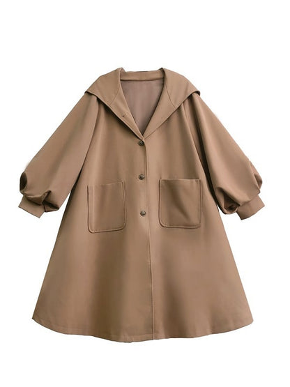 Khakifarbener Mantel mit Ballonärmeln und langer Kapuze im Preppy-Stil
