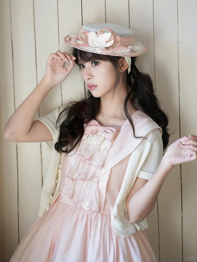 Dove Lolita Hat and with Tie Ribbon Flat Lace-Trimmed Embellishment Pink/Blue/Green