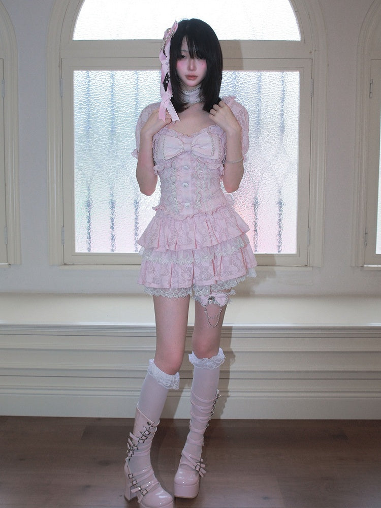 Pink Jacquard Cami Top with Bow and Lace - HBreaker