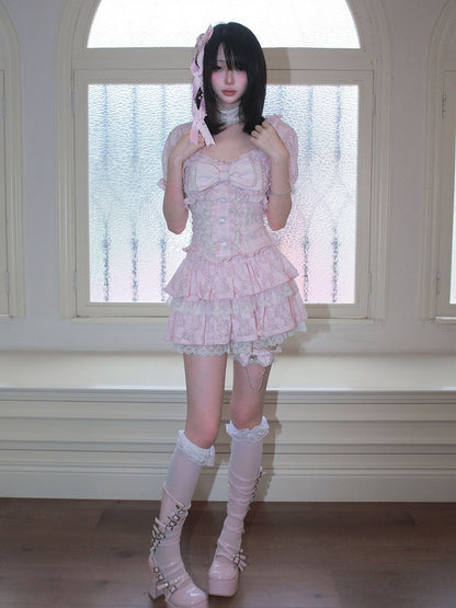 Pink Jacquard Tiered Skirt with Lace and Garter - HBreaker