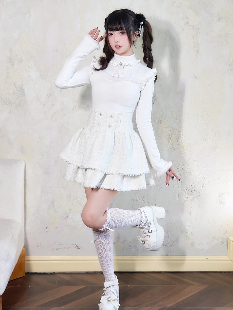 Jirai Kei – Weißes Oberteil mit Plüschbesatz, Cut-Out-Detail, Schleife und Strassverzierung