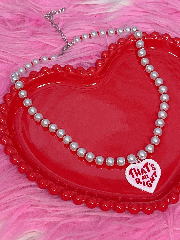 Pendant Letter Y2K Print Heart Beaded Pearl Necklace Red With