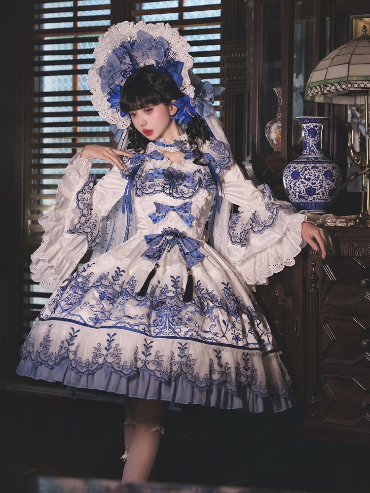 Blue Porcelain Butterfly Chinoiserie and Embroidery White Fabric
