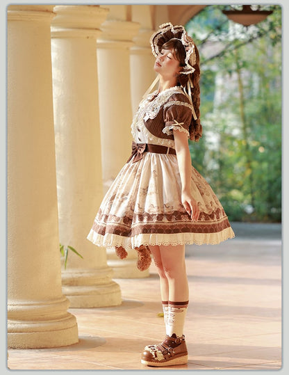 Teddy and Sweet Brown Lolita Print Ruffle Round Dress Neck Kitty OP