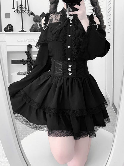 Open Jirai Kei Bell Shoulders Black Set: with Top Three-Piece Sleeves All