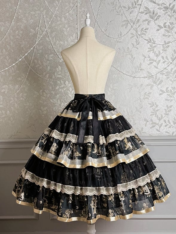 Skirt Black Gold and Print Ruffle Bunny Tiered Kitty Lolita