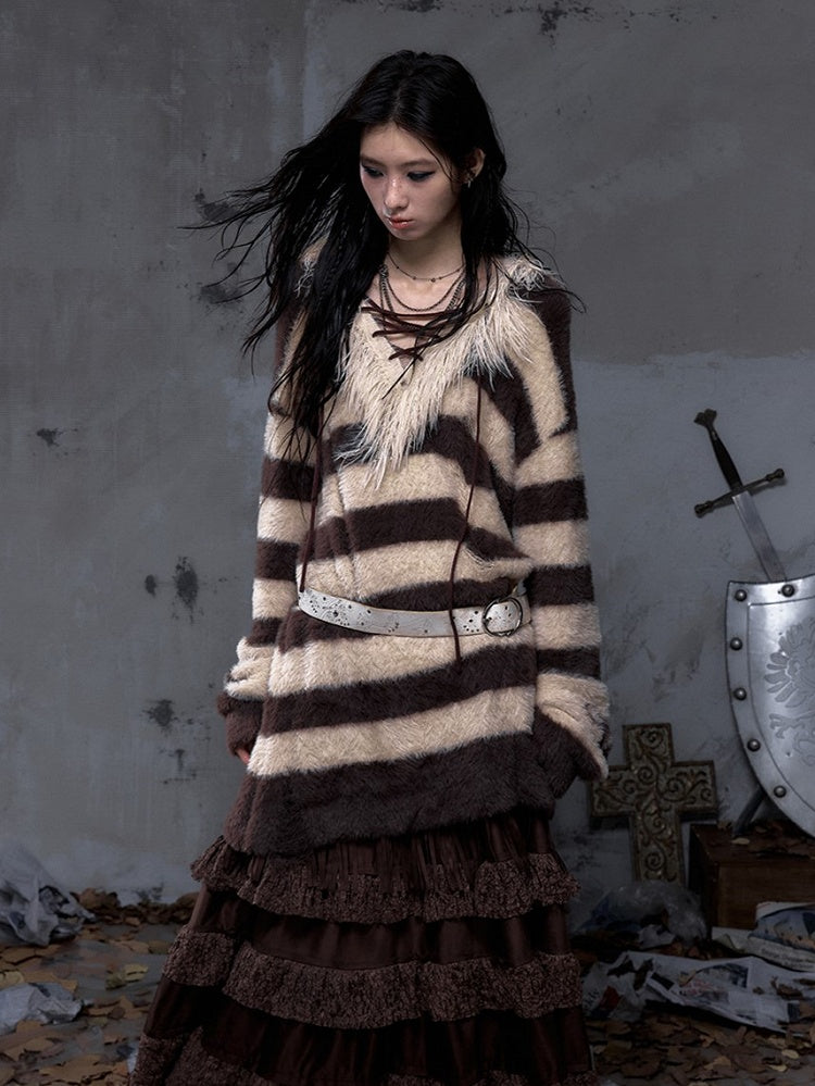 Sweater Vintage Faux Lacing Distressed Collar with Long Striped Yellow Crisscross Brown Punk Mink