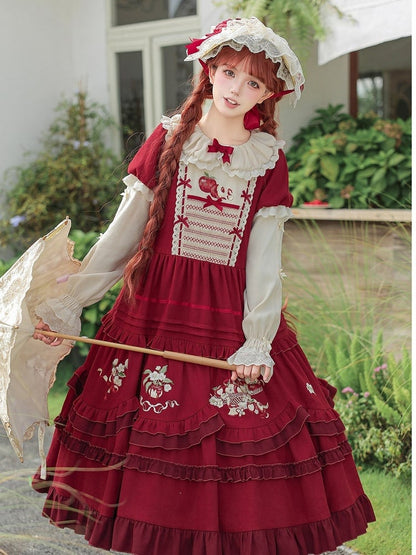 Wine Red Apple Embroidered OP Dress Set with Peter Pan Collar, Long Sleeves, Ruffle Trim, Belt, Brooch & Bow Hairclip - With PUJI