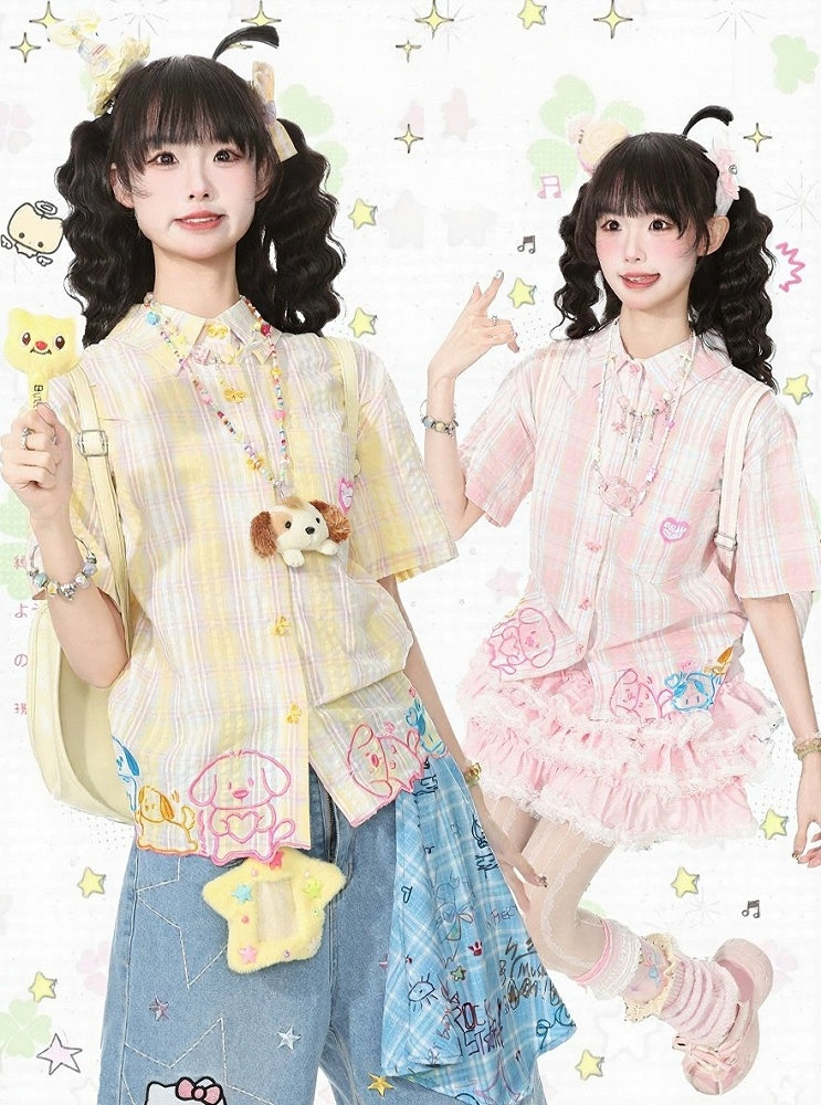 Rose Kawaii Tartan Tee with Pup Motif and Ribbon Buttons - Languid Park