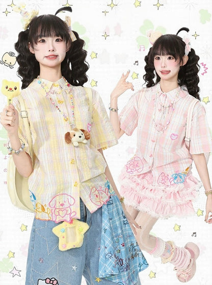Golden Tartan Short-Sleeve Blouse with Pup Hem and Ribbon Closures - Languid Park