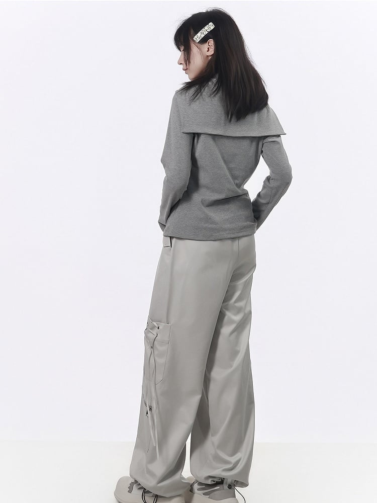 Kawaii Grey Puffy Mouse Print Waist-cinching Long Sleeve Top with Shawl - PINK SAVIOR