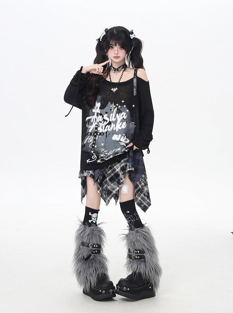 Gray/Black Asymmetrical Neckline Graffiti Print Star Light Buckles Coverup