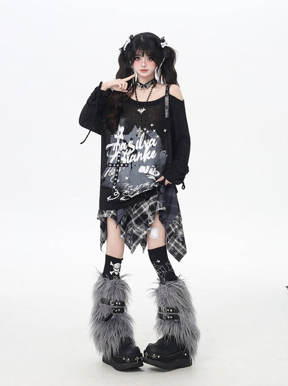 Gray/Black Asymmetrical Neckline Graffiti Print Star Light Buckles Coverup