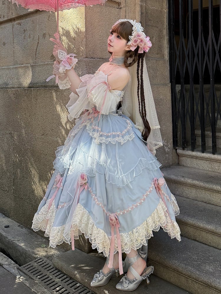 Blaue Basken-Taille mit floralen Schleifenknoten, Hanayome Lolita OP / Komplettset