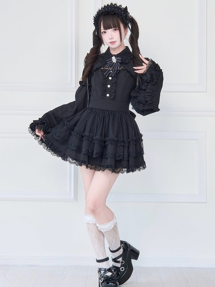 Gothic Black Dress with Bell Sleeves and Tiered Lace - No Genki