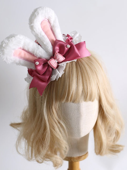 Hase mit Ohren, rosa Spitze, süßer Minihut, Plüsch, Lolita, weiß und Schleife