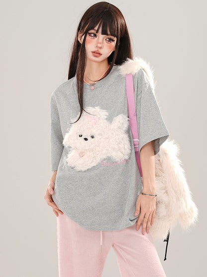 Blue/Grey/Black Plush Puppy Applique Loose T-shirt