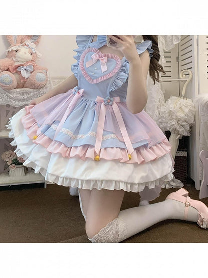 Sky Blue Layered Frill JSK with Bow and Heart Motifs - Miss Han