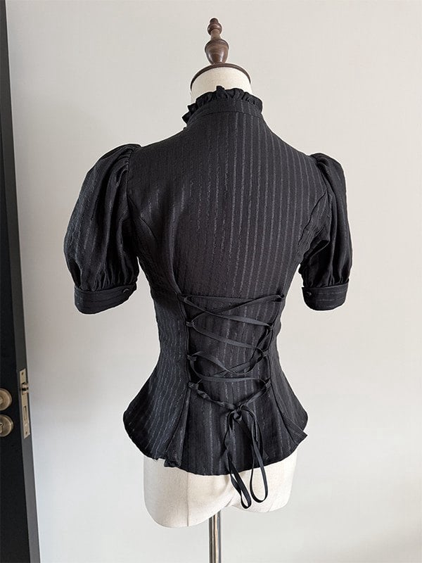 Black Ruffle Short Puff Sleeve Striped Lolita Blouse - Flower Fairy Daily
