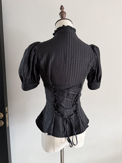 Black Ruffle Short Puff Sleeve Striped Lolita Blouse - Flower Fairy Daily