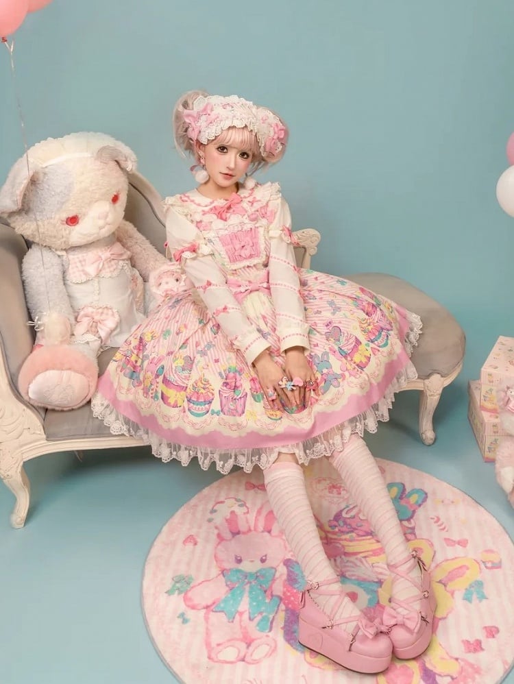 Flutter and Lace Prints Sweet JSK Pink Dress White Trim Sleeves with Lolita Cupcake