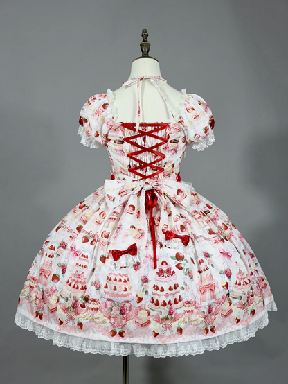 リボンスイートセットプリント ホワイトストロベリーアクセント / ロリータフルケーキドレス