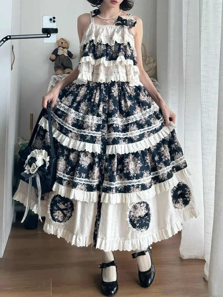 Black Rosette Print and Top Cami Tiered Beige