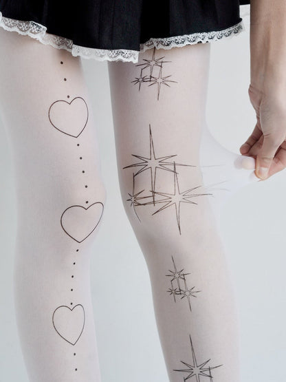 White Heart & Star Print Tights
