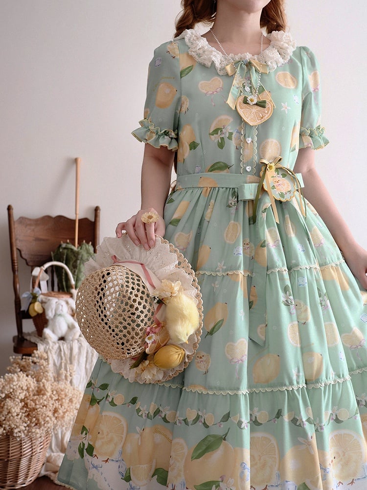 Summer and Print Spring for Chick Dress Green Lolita Short Sleeves Lemon