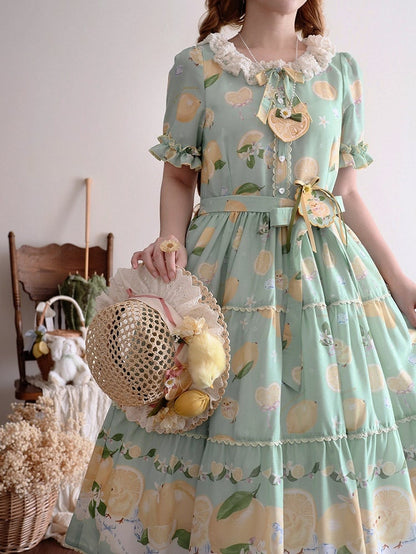 Summer and Print Spring for Chick Dress Green Lolita Short Sleeves Lemon