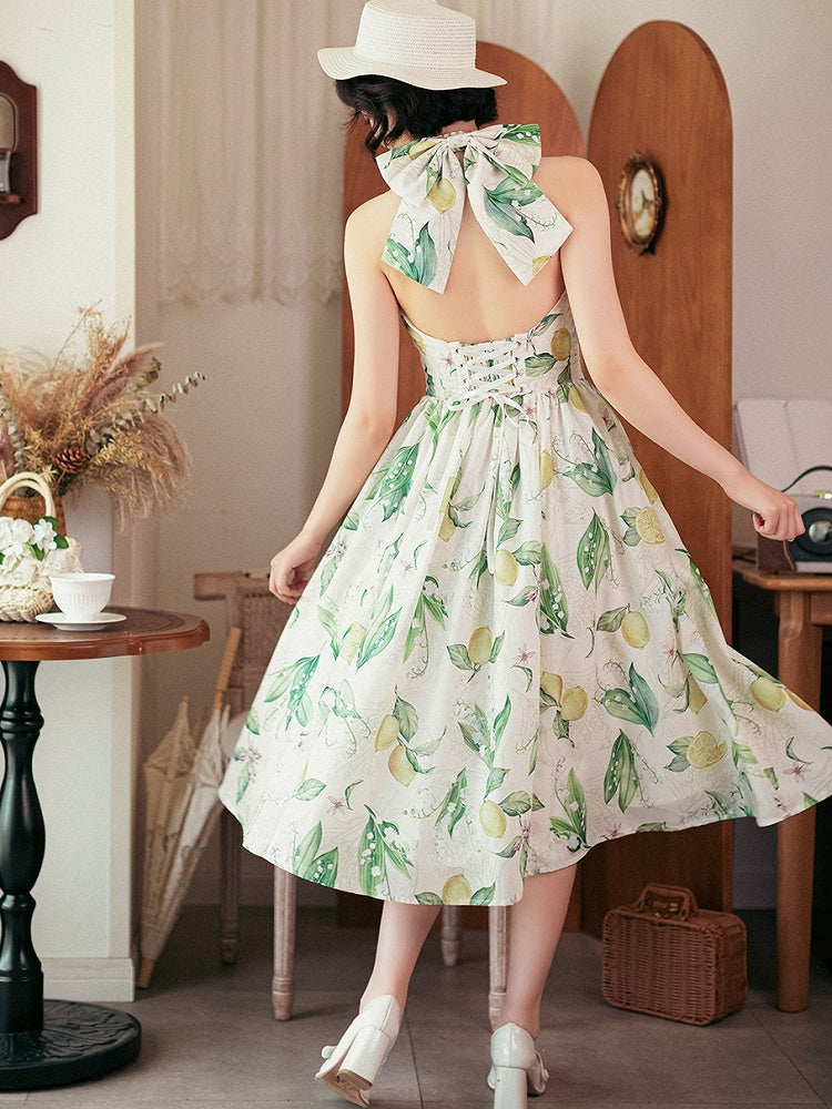 Lemon Neck Print Fashion Halter Bow Big Green Dress Retro Backless Back
