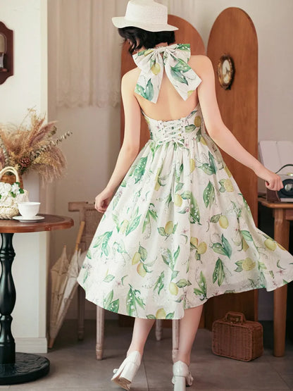 Neck Big Neckholder Fashion Backless Bow Lemon Green Retro Print Back Dress